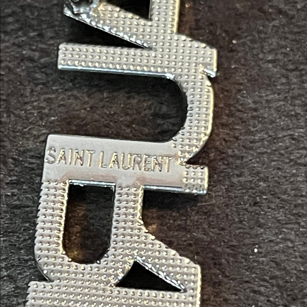 Crystal Silver Tone Saint Laurent Logo Two Piece Brooch Set - Picture 5 of 7